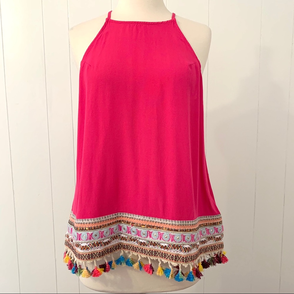 GIDDY UP GLAMOUR Hot Pink Fringe Halter Top - Picture 1 of 9